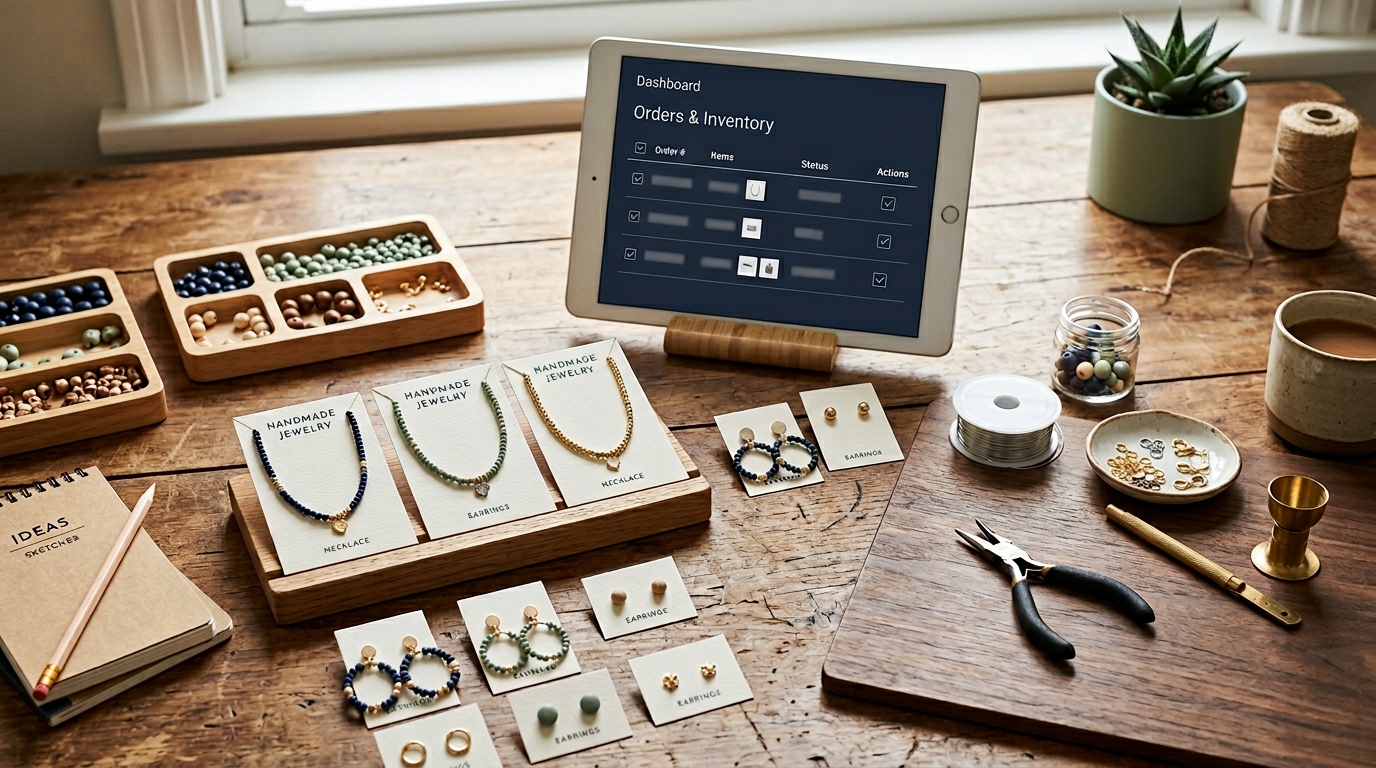 Handmade jewelry workspace with a tablet showing automated order management