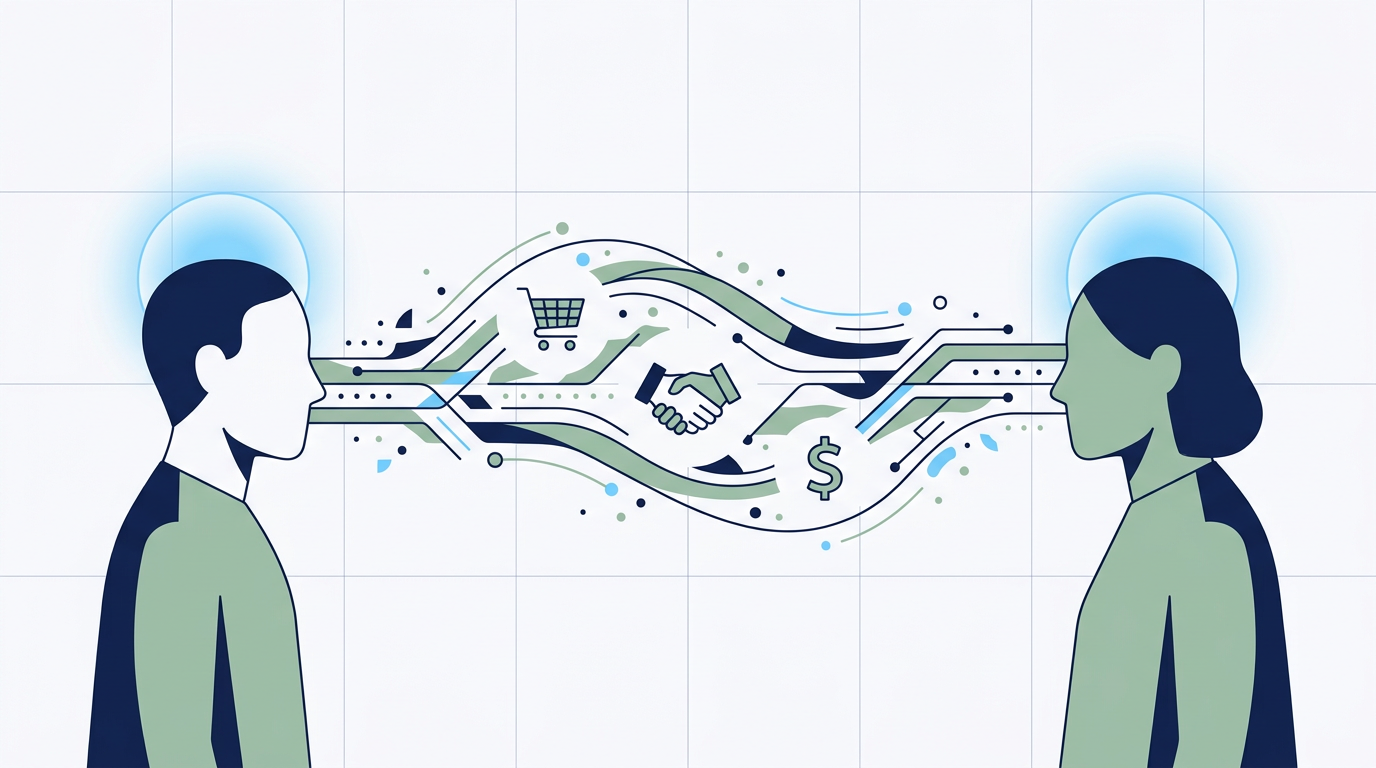 Two abstract figures exchanging value across a digital marketplace with AI agents above each