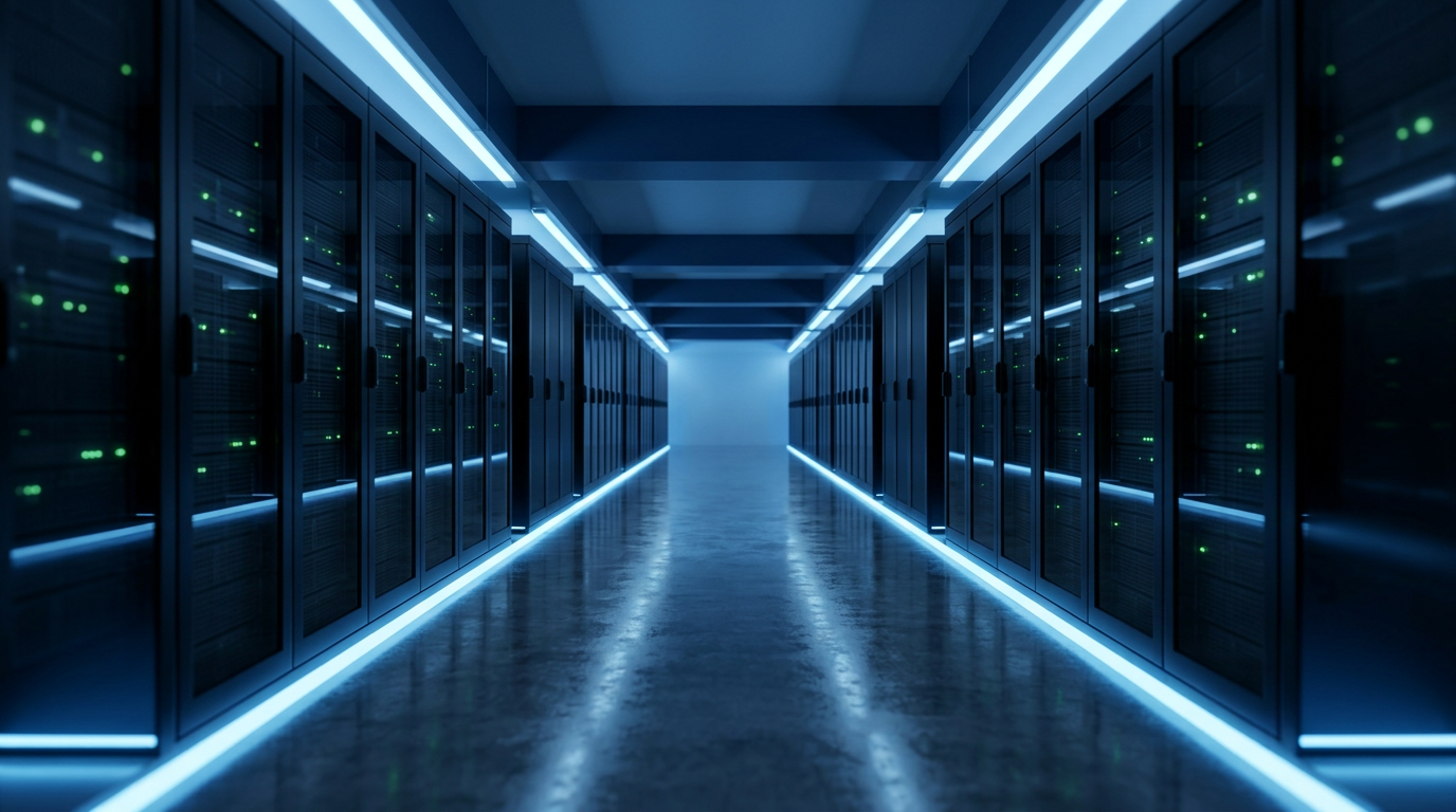 Long modern data center corridor with rows of server racks lit in soft blue
