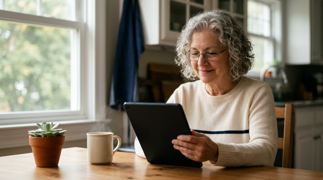 Older woman sitting at her kitchen table using a tablet in warm morning light