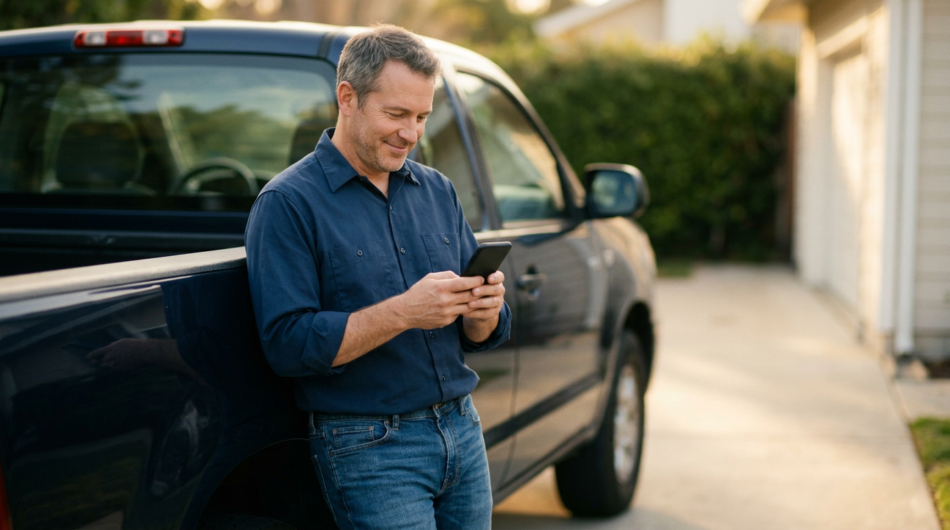Middle-aged small business owner in a casual work shirt looking thoughtfully at a phone outside his truck