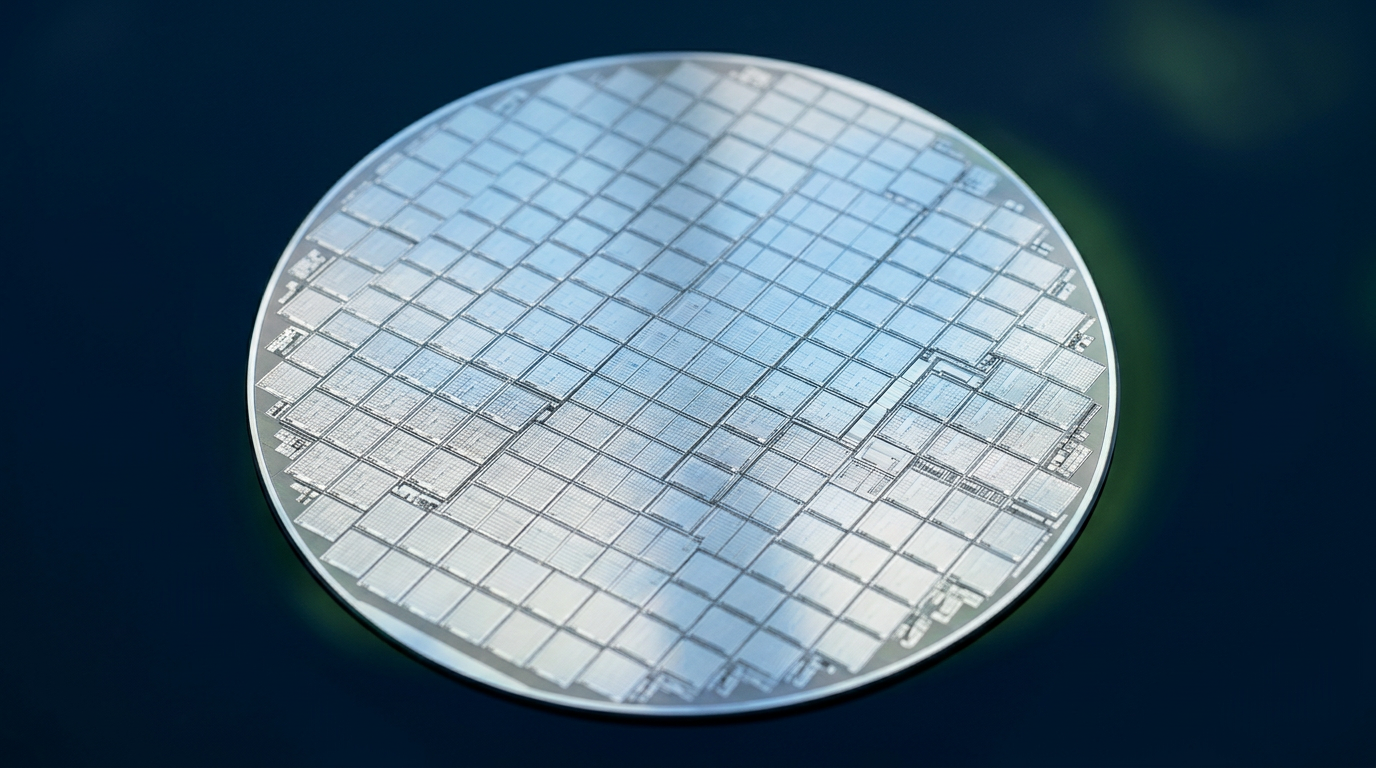 Macro top-down view of a polished silicon wafer with a grid of processor dies