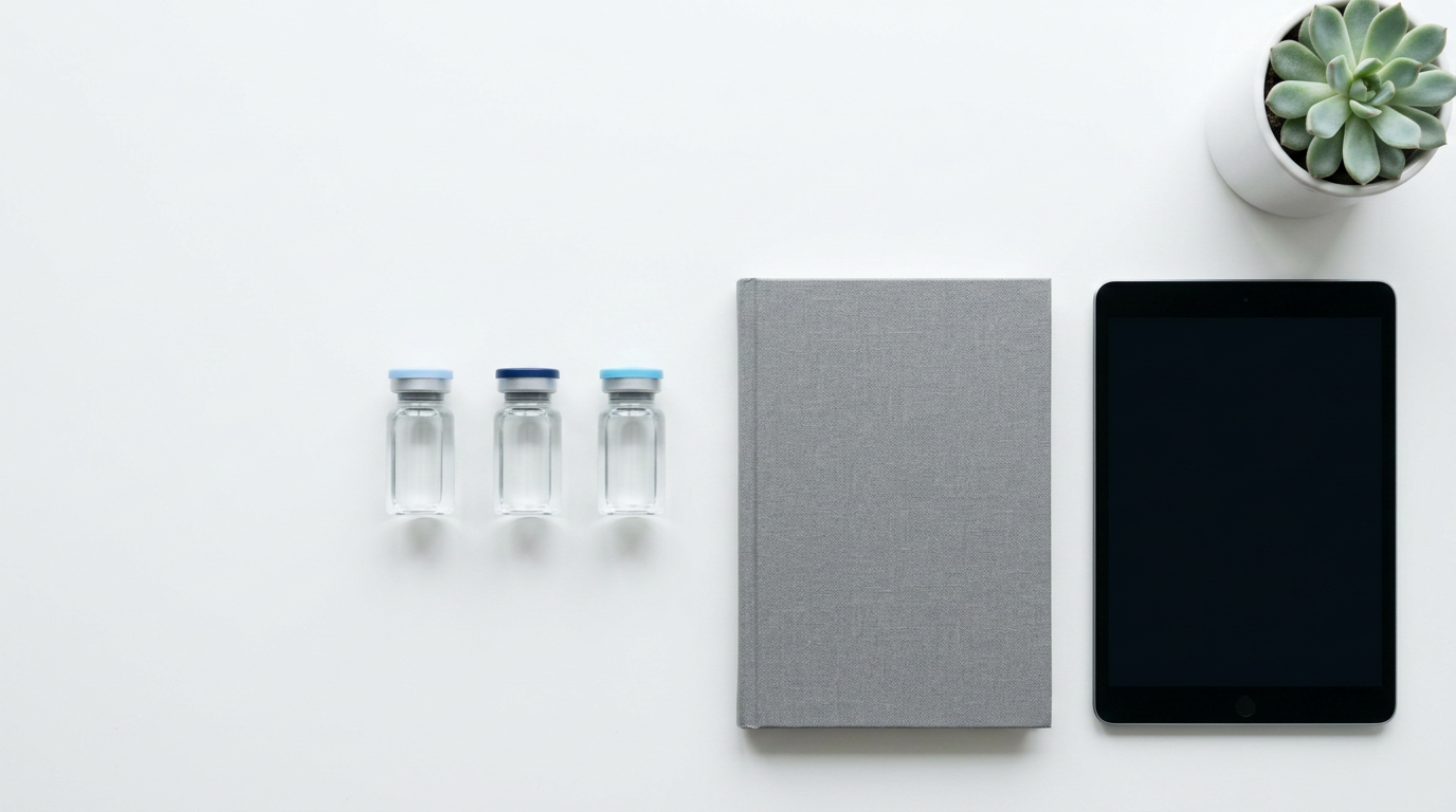 Clinical research vials and a tablet on a clean lab bench representing trials and progress