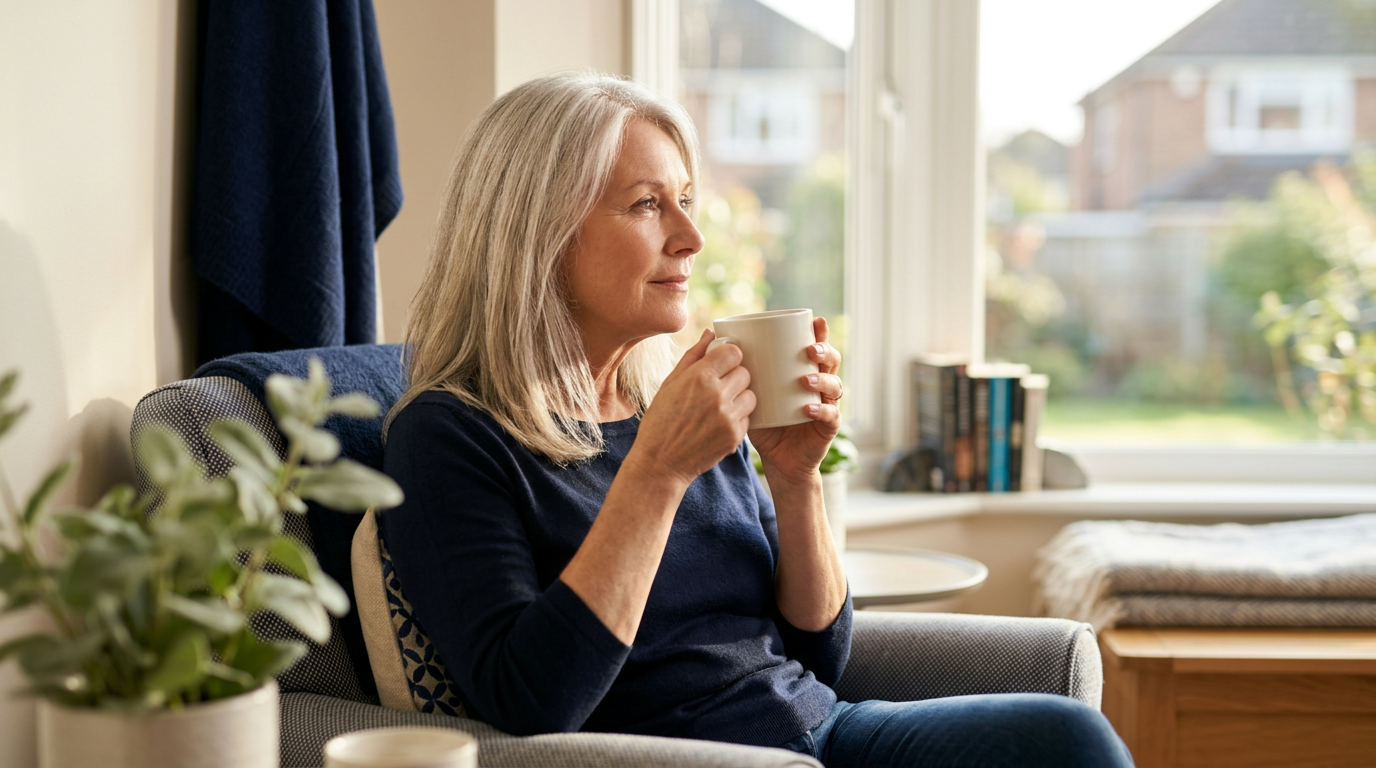 Older woman sitting by a sunlit window holding a coffee mug, looking thoughtful and hopeful