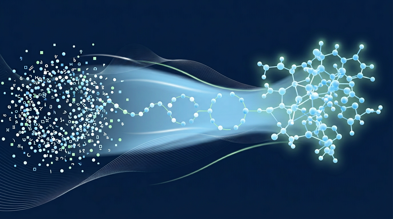 Abstract visualization of a drug discovery pipeline flowing from data to molecule