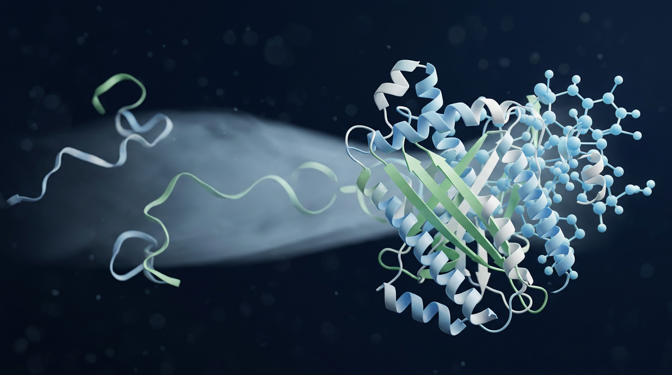 Detailed 3D rendering of a folded protein structure with delicate ribbon and helix shapes