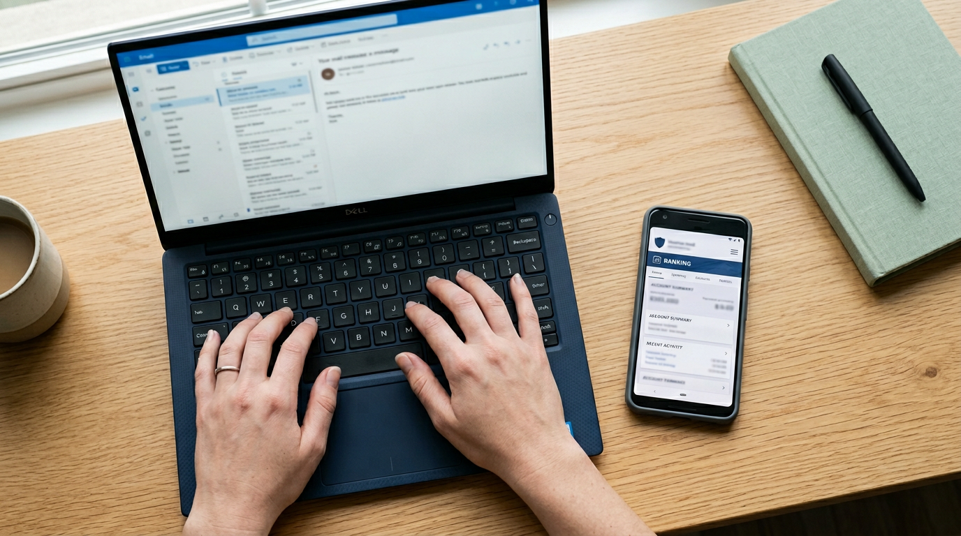 Hands at a laptop pausing over an open email, second device showing a bank's official site
