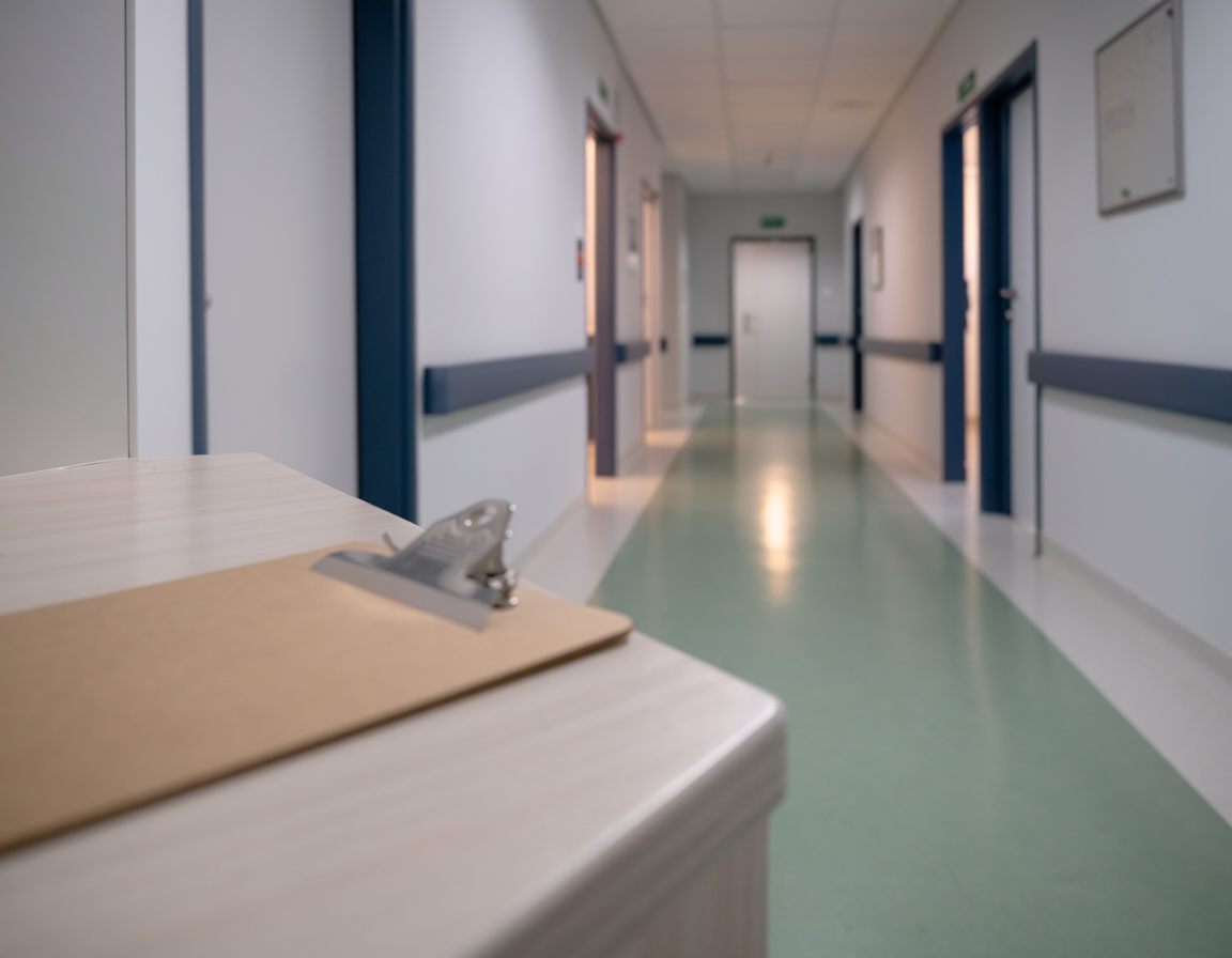 A quiet hospital corridor at dusk with soft light from open doorways, suggesting steady ordinary care