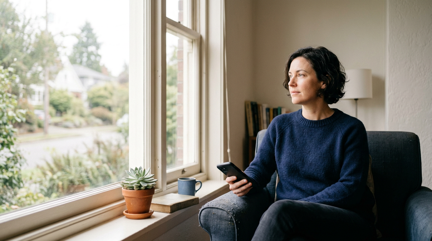 Person looking up from a phone toward a window, taking a moment to think