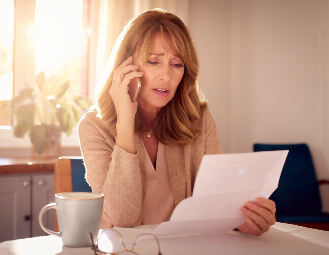 A person at a kitchen table holding a phone, looking at a printed letter with a thoughtful expression
