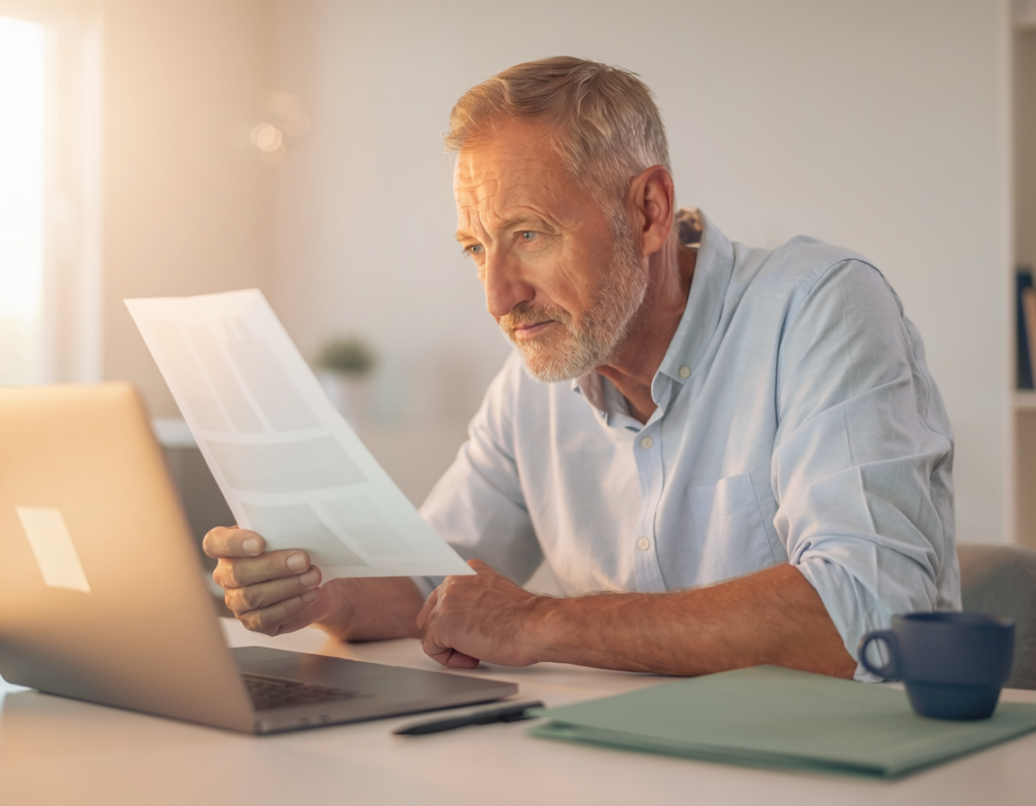 A man at a desk reviewing printed pages alongside a laptop, comparing two sources thoughtfully