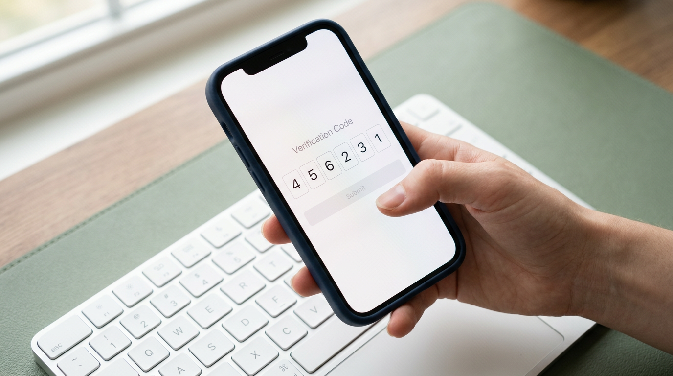 Smartphone showing a generic six-digit verification code prompt held above a laptop