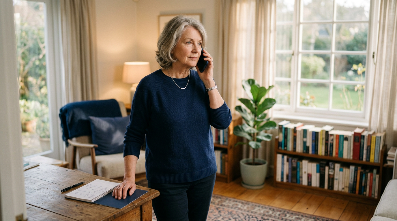 Older woman taking a phone call in her living room, hand resting near a notepad