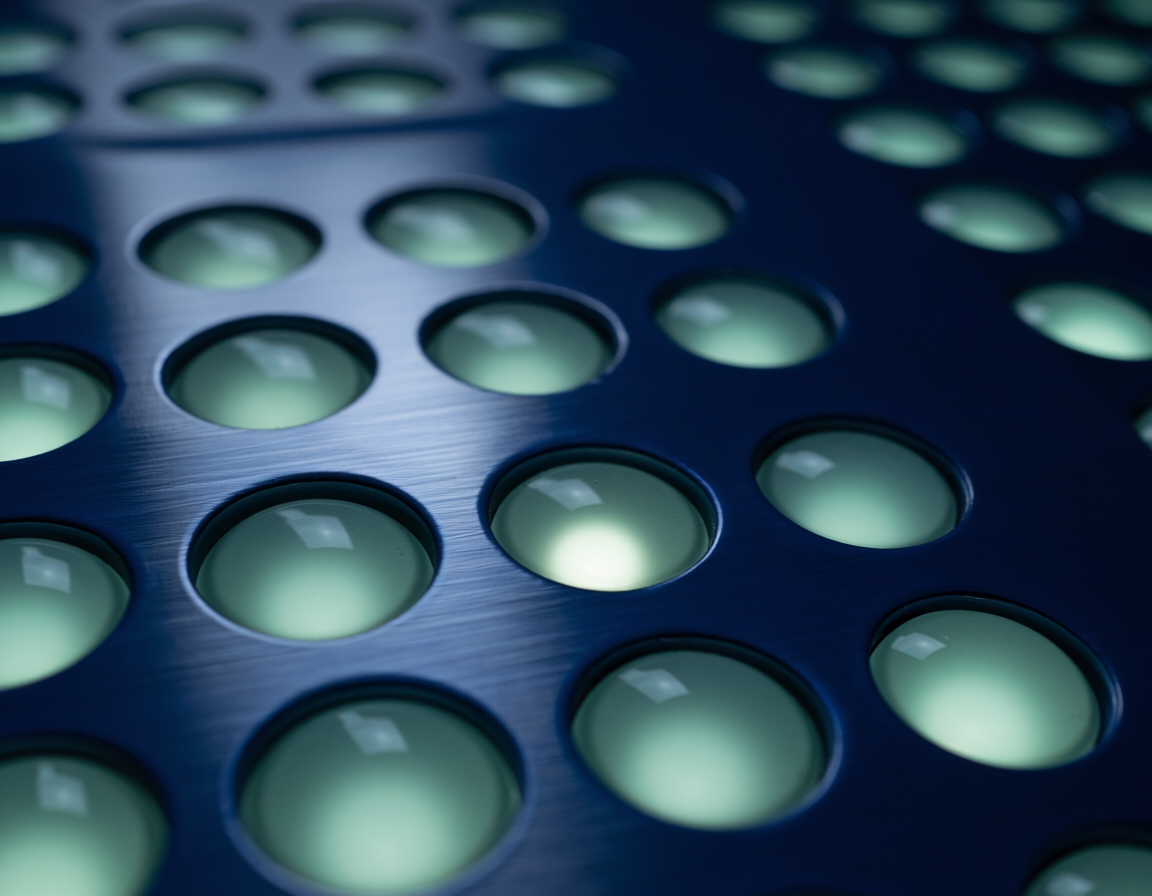 A dashboard of softly glowing green indicator lights, all reading normal, with one barely perceptibly dimmer