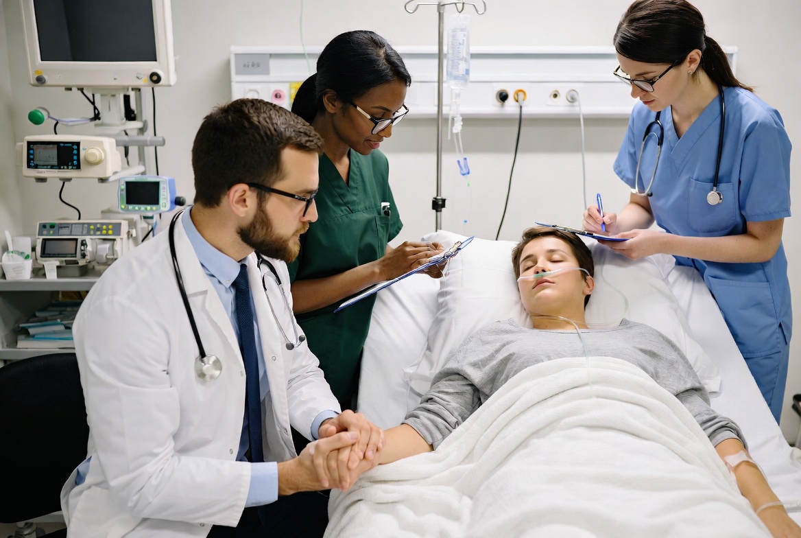 Doctors and nurses administering assistance to a patient in bed