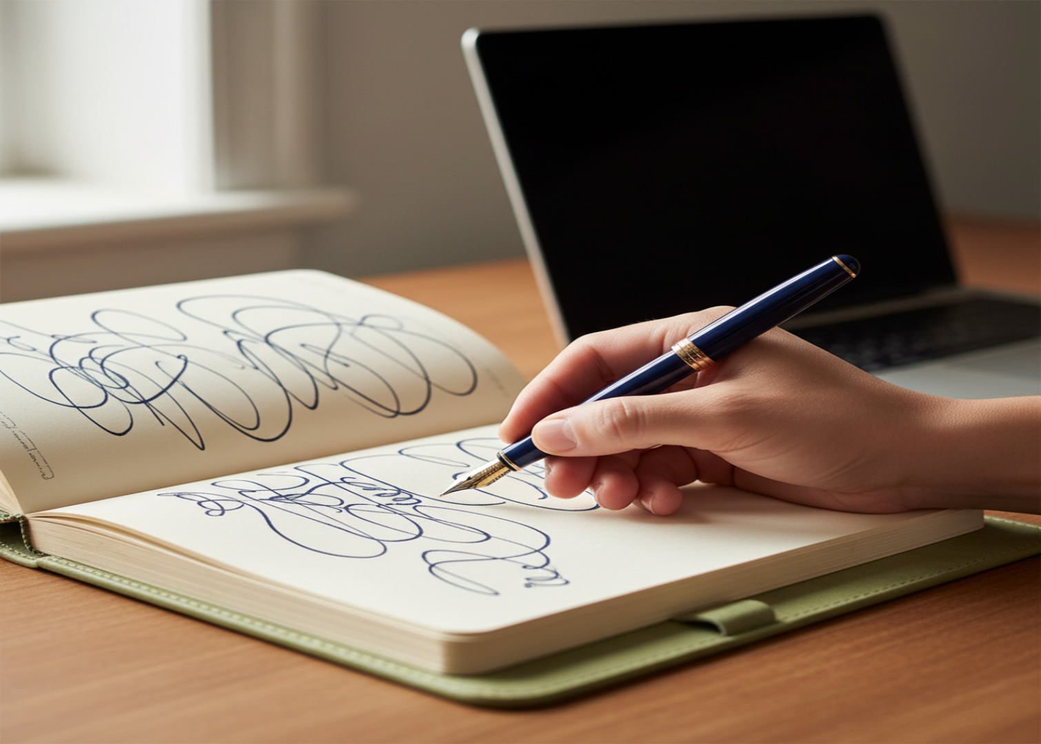 A freelancer reviewing notes next to a laptop