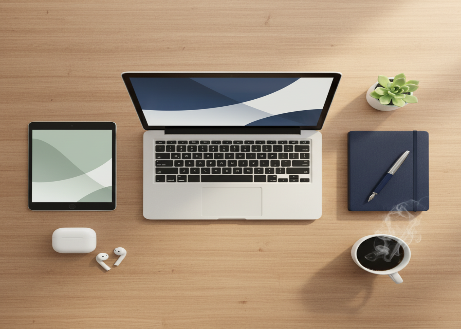 Overhead view of a freelancer's desk with laptop, tablet, notebook, and coffee