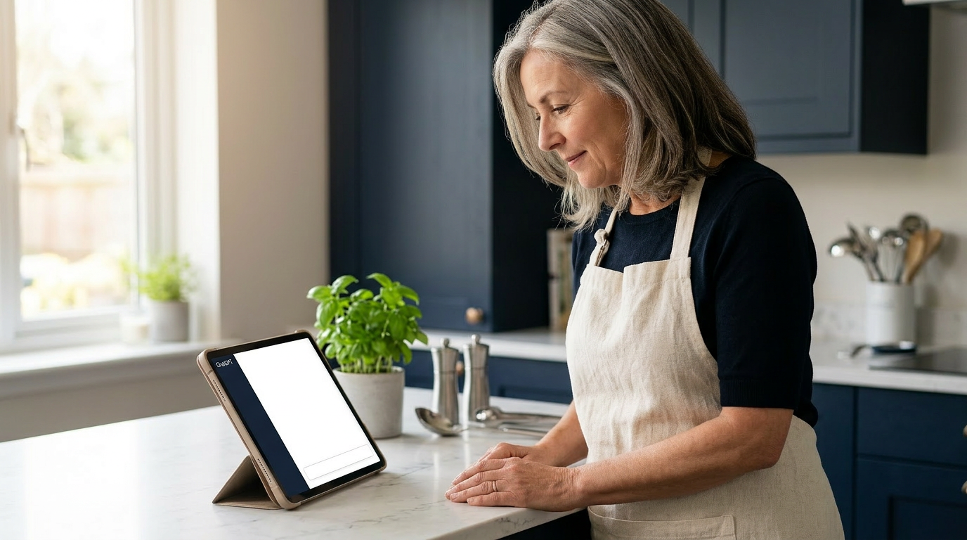 Middle-aged woman in a clean apron working at a kitchen island reviewing ChatGPT on a tablet