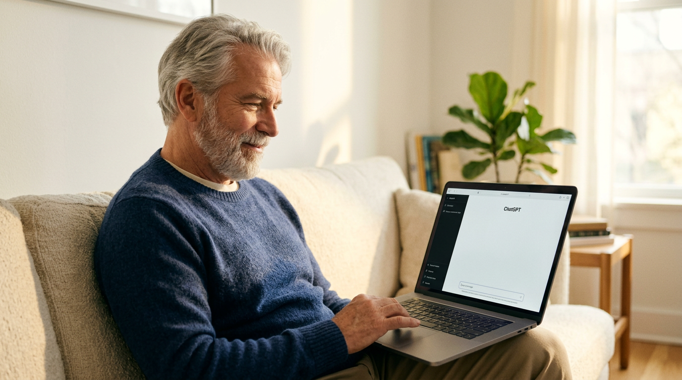 Older man relaxing on a sunlit couch using ChatGPT on a laptop with a calm, comfortable expression