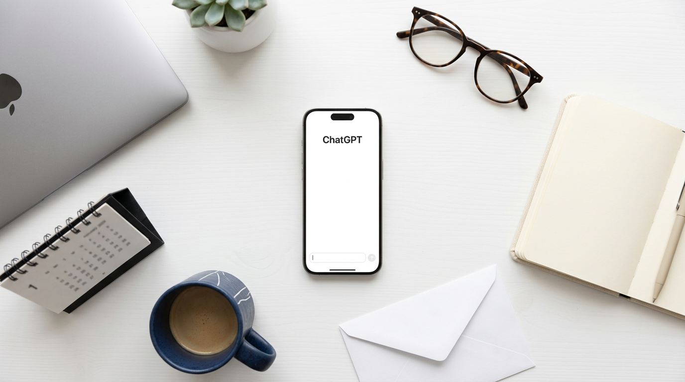 Smartphone displaying the ChatGPT app surrounded by everyday work objects suggesting many use cases