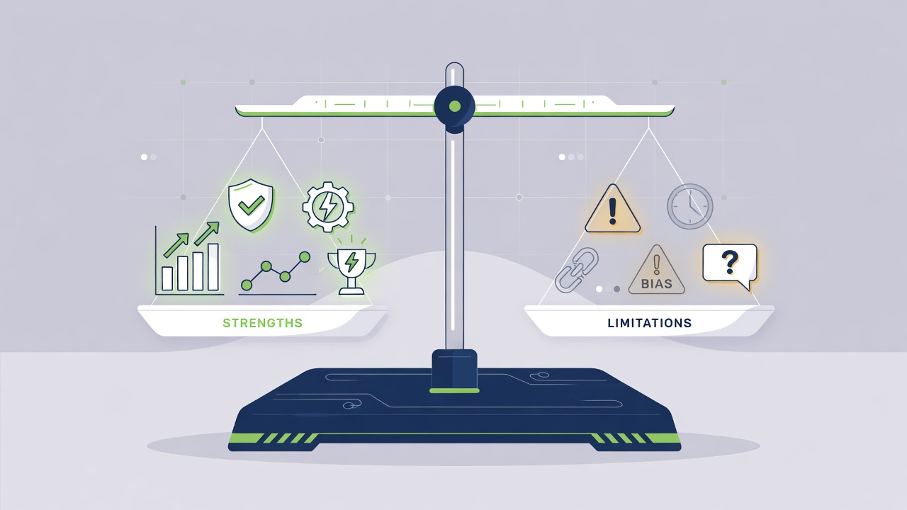 Illustration showing a balanced scale representing AI strengths and limitat