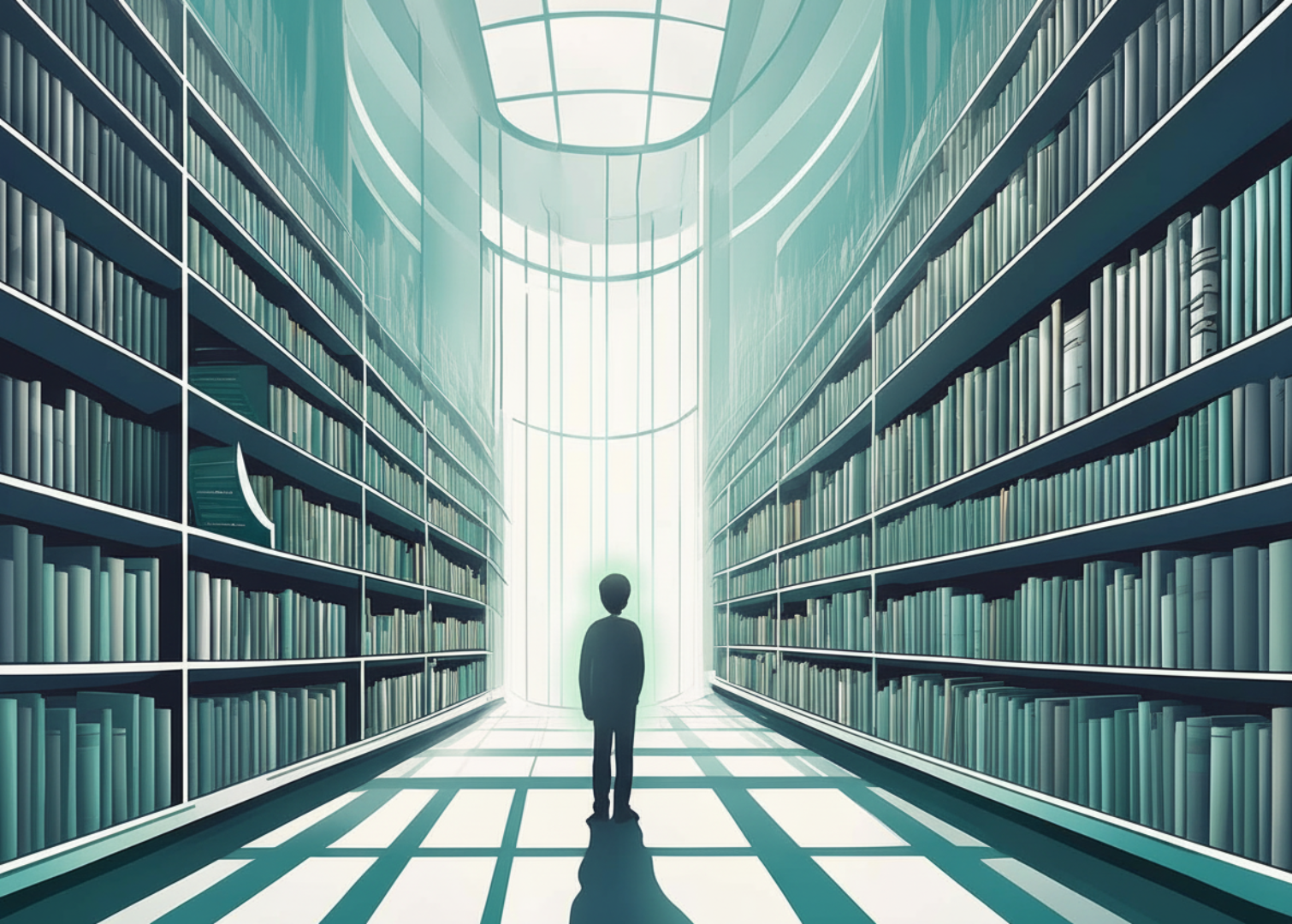 Illustrated library stacks suggesting vast scale of training data