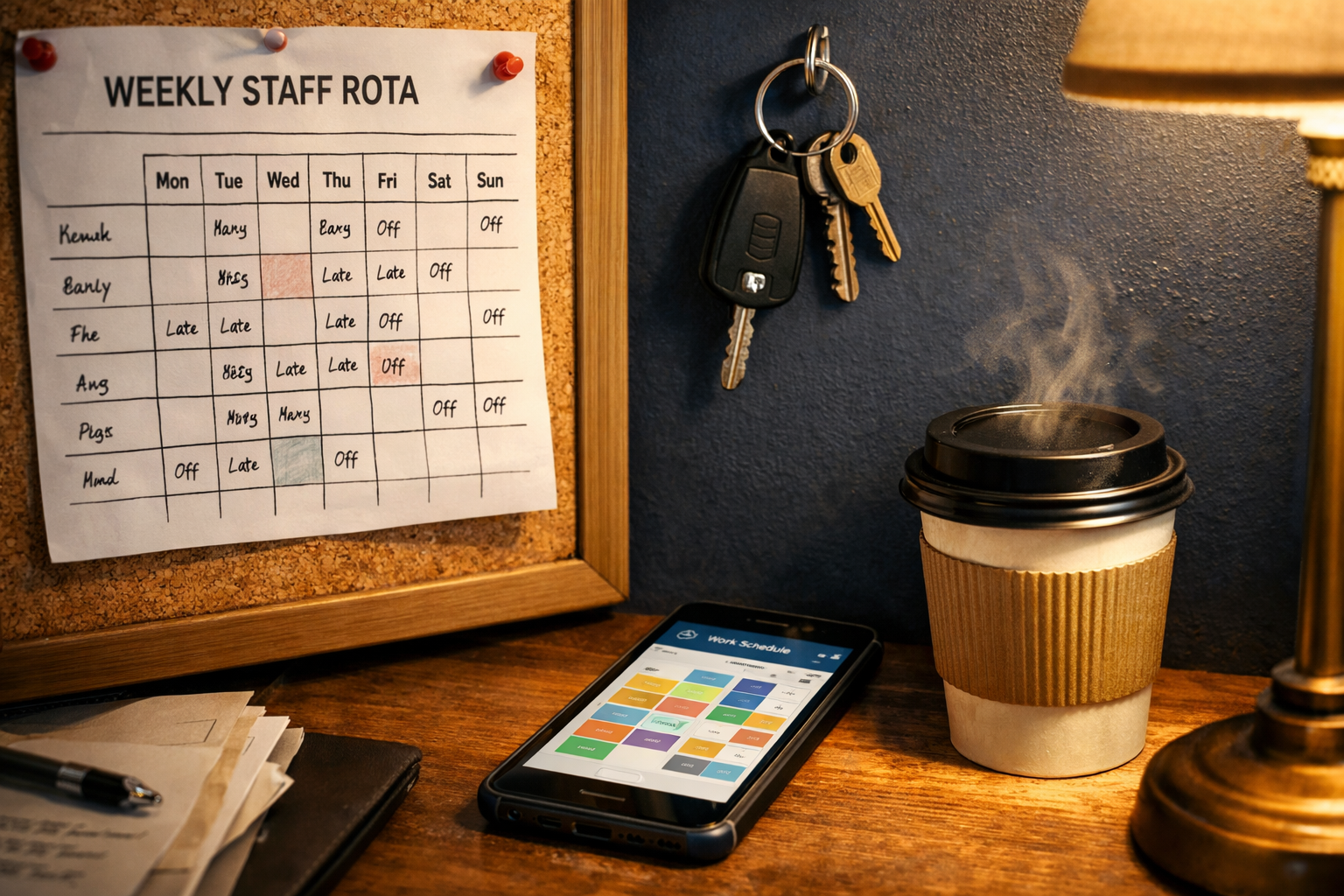 Back-office alcove with printed staff rota, scheduling app on smartphone, and a steaming takeaway coffee cup.
