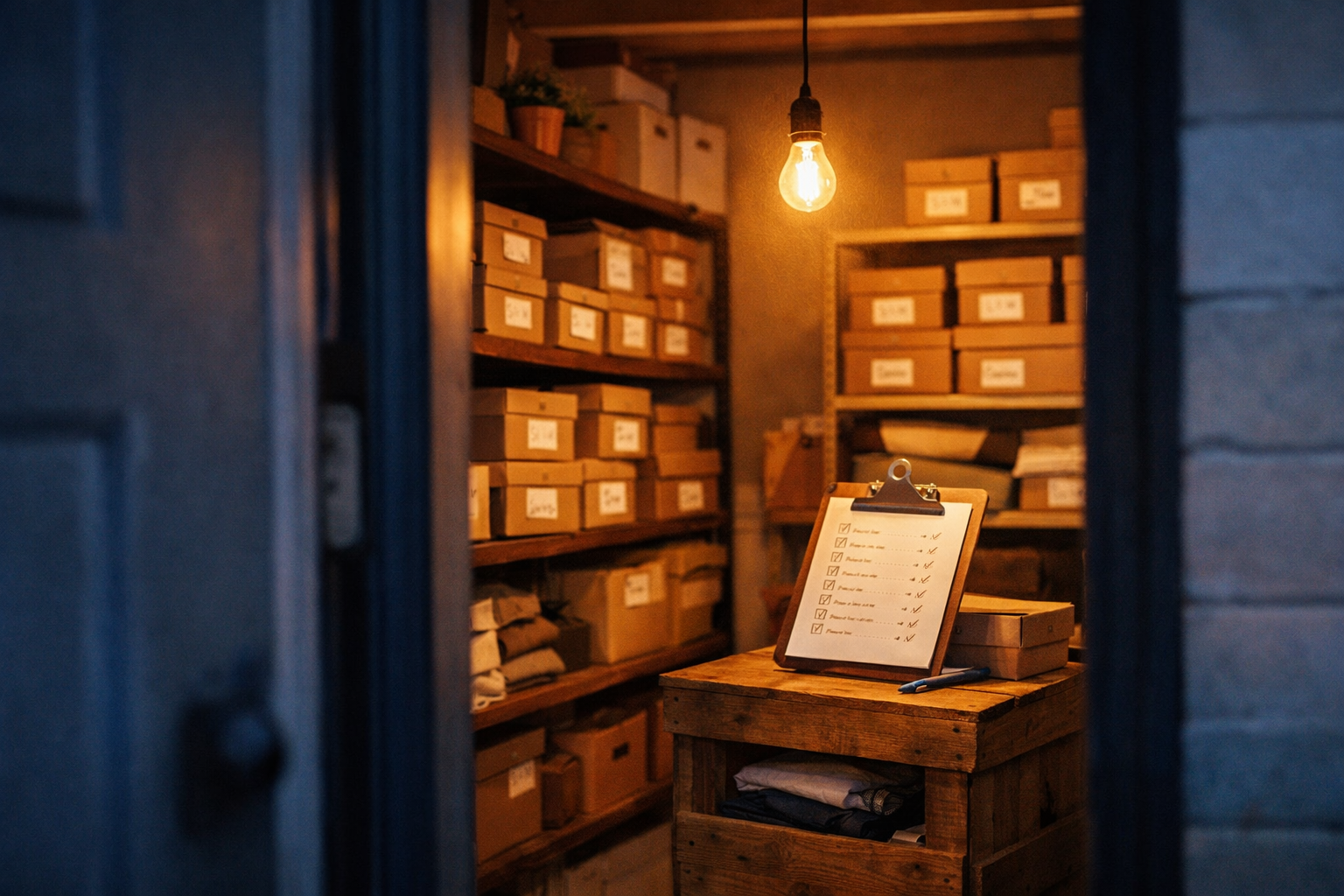 Boutique stockroom with labeled inventory shelves, wooden crate, and a handwritten checklist on a clipboard.