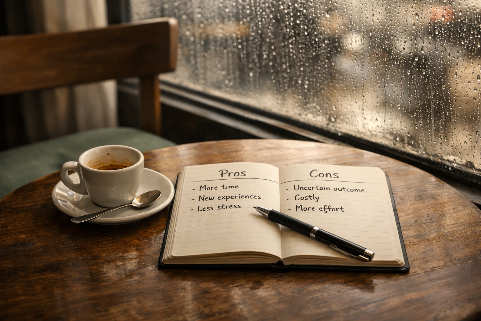 Café window table with half-finished espresso, open notebook showing a handwritten pros-and-cons list, and a pen.