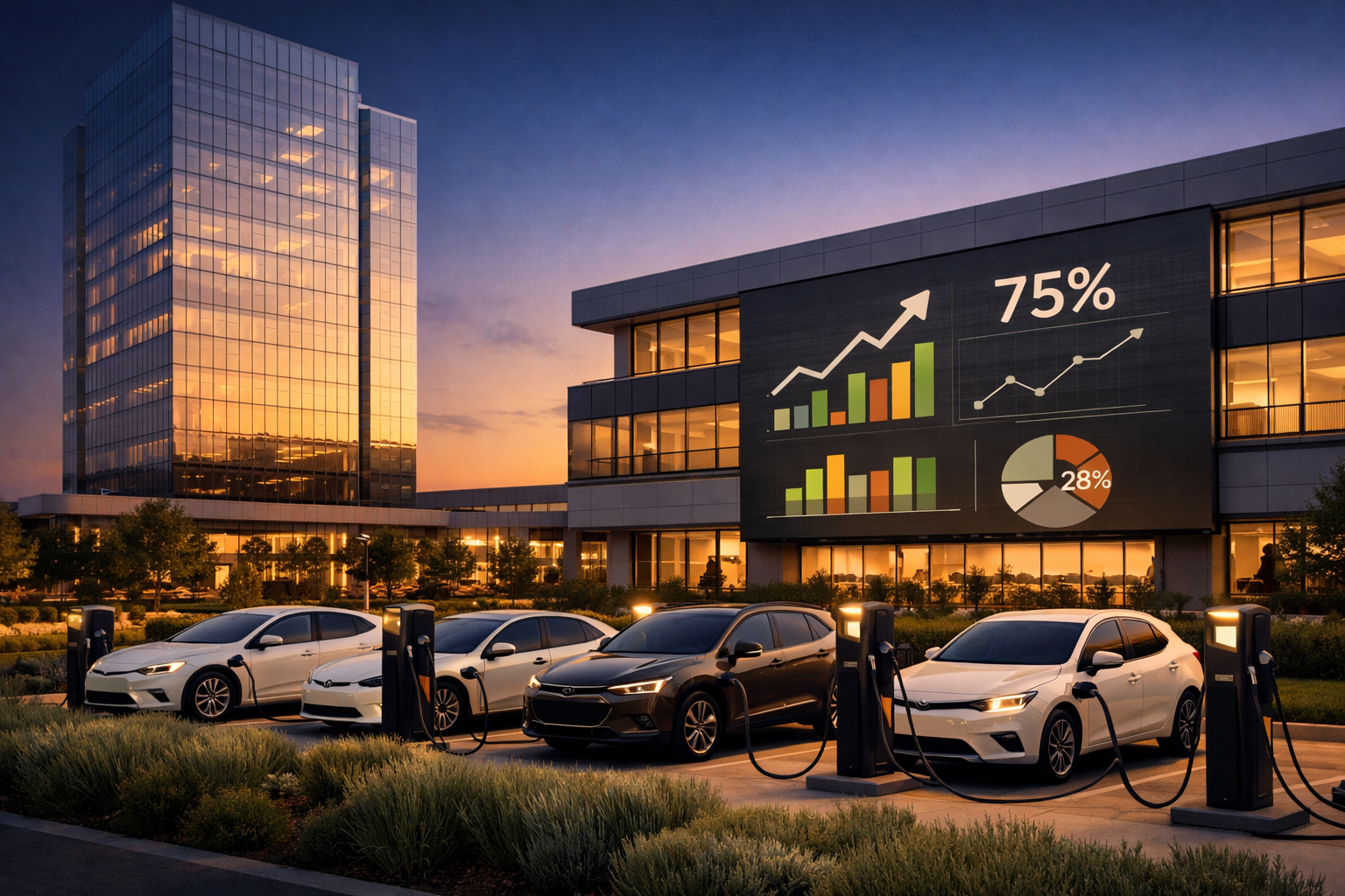 Glass corporate campus exterior at dusk with electric vehicles charging and a digital metrics display on the facade.