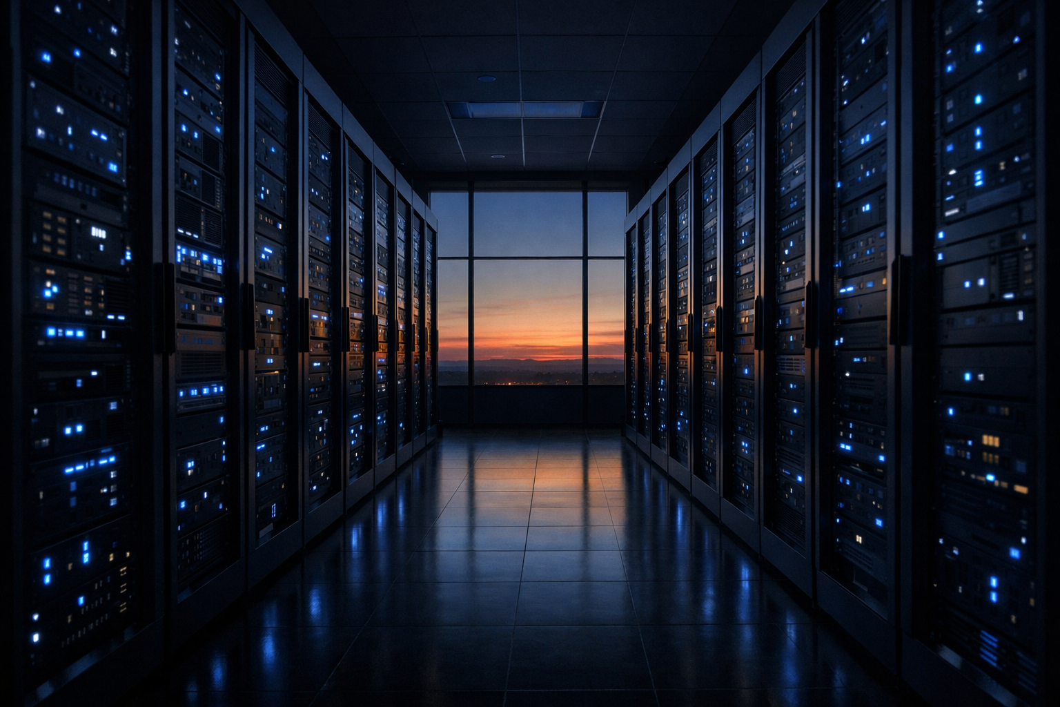 Data center server aisle with blue LED indicators and a dusk sky visible through a far window.