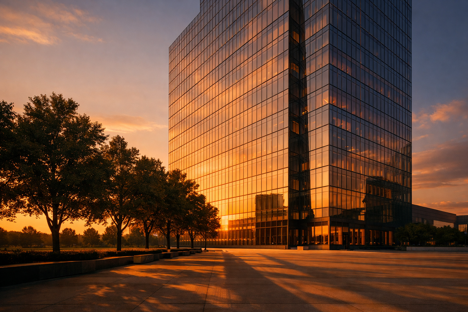 Glass corporate campus tower reflecting golden-hour sky above an empty plaza lined with trees.