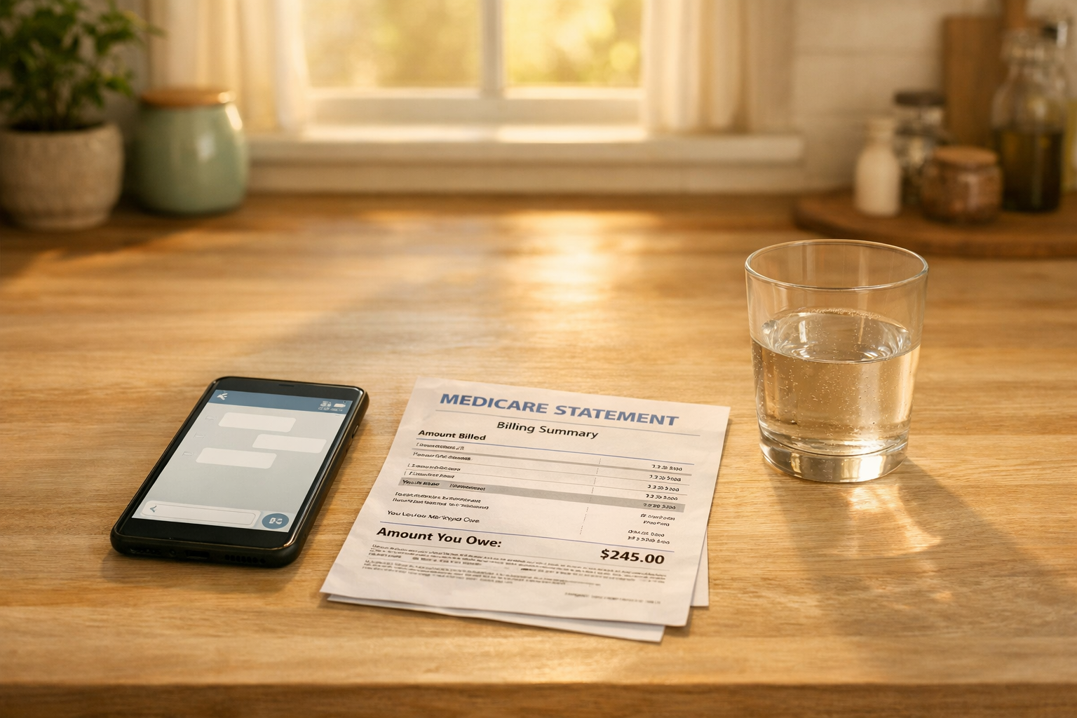 Smartphone with a chat interface beside a Medicare billing statement on a sunlit kitchen counter.