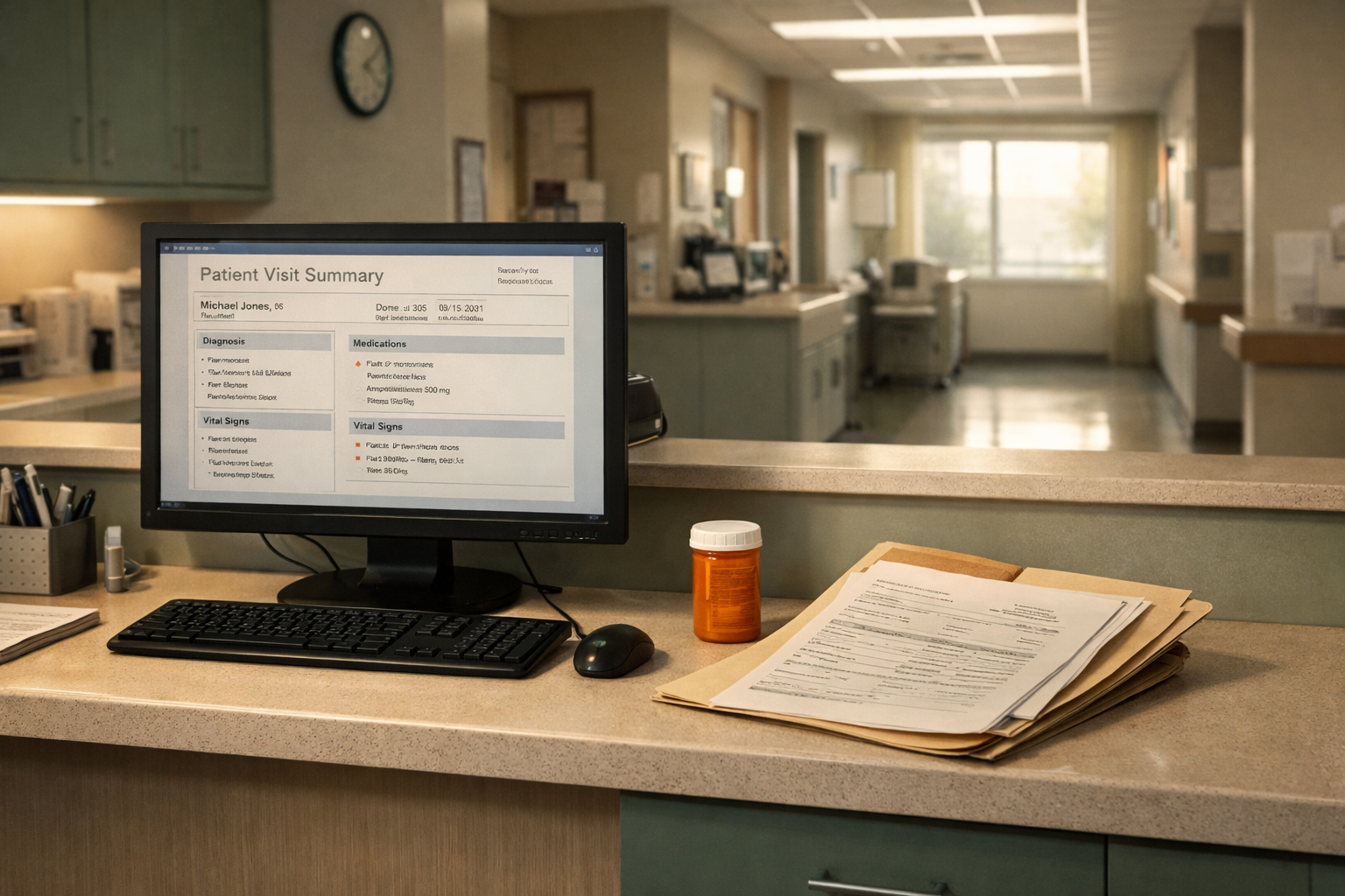 Empty hospital nurses' station with a patient summary on screen, prescription bottle, and manila folder on the counter.