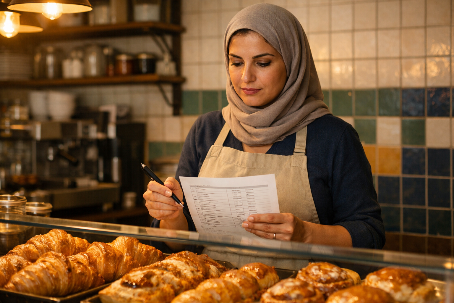 A 43-year-old Middle Eastern bakery owner reviews an inventory sheet behind a pastry counter at opening time.