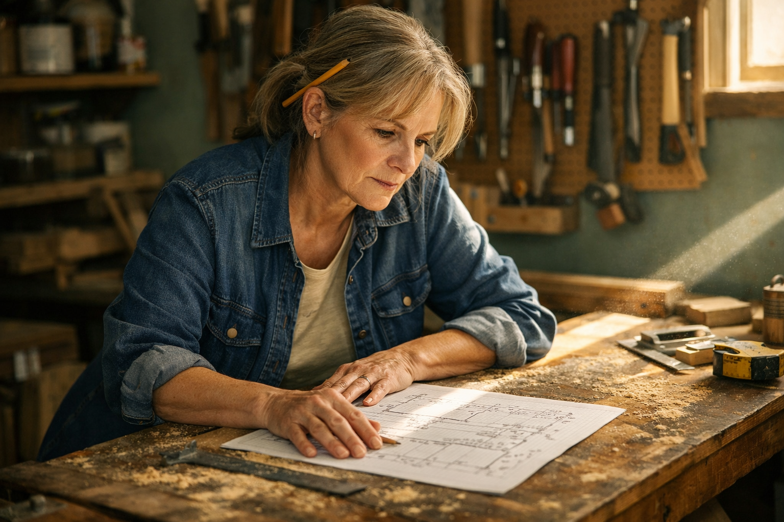 A 58-year-old white woman examines graph-paper plans on a sawdust-covered woodworking bench.