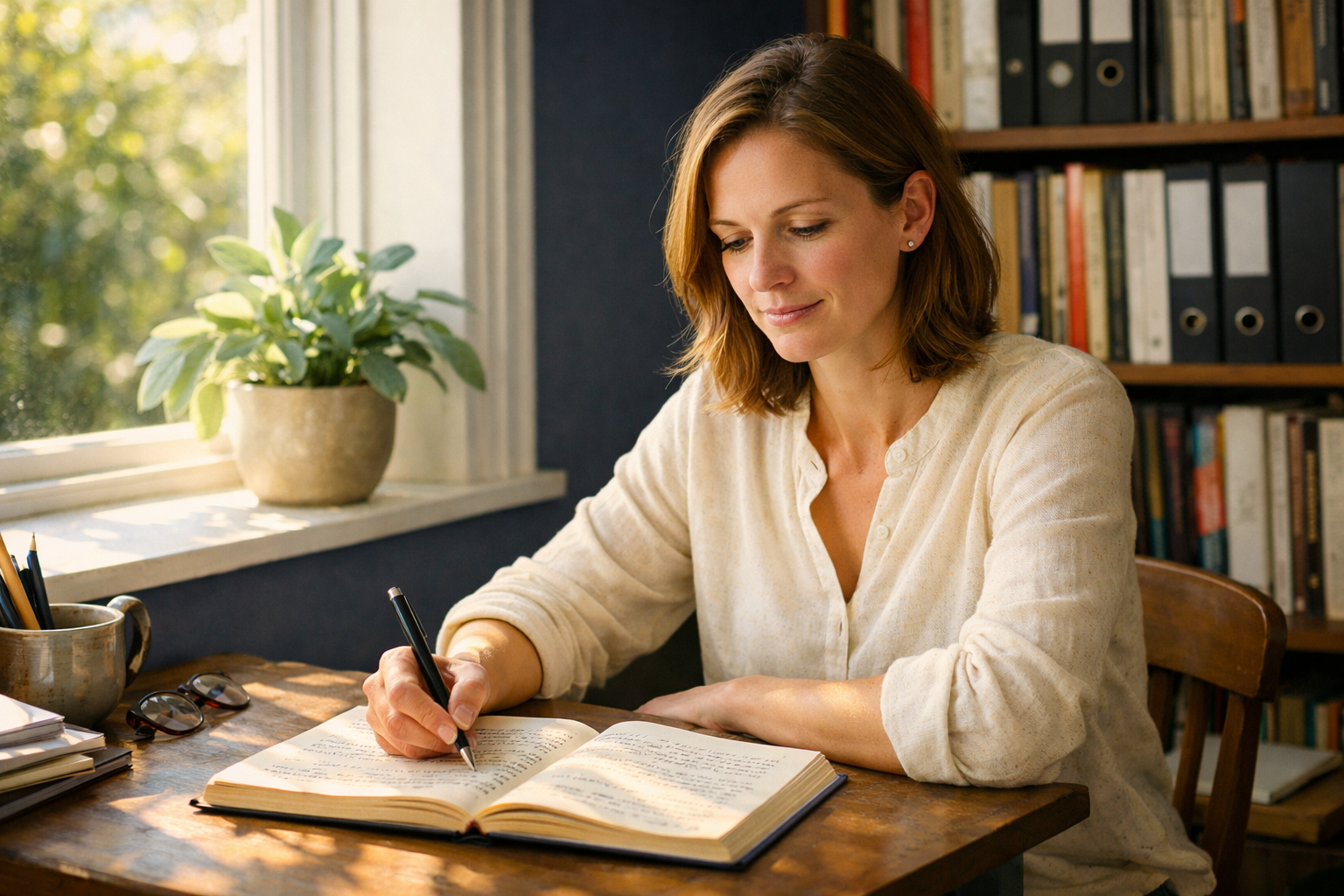 A 38-year-old white woman writes in a notebook at a sunlit home office desk with bookshelves behind her.