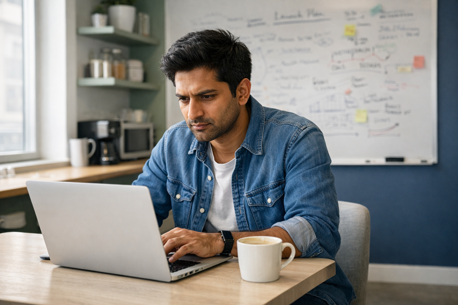 A 34-year-old South Asian product manager works on a laptop in a startup kitchenette with a whiteboard behind him.