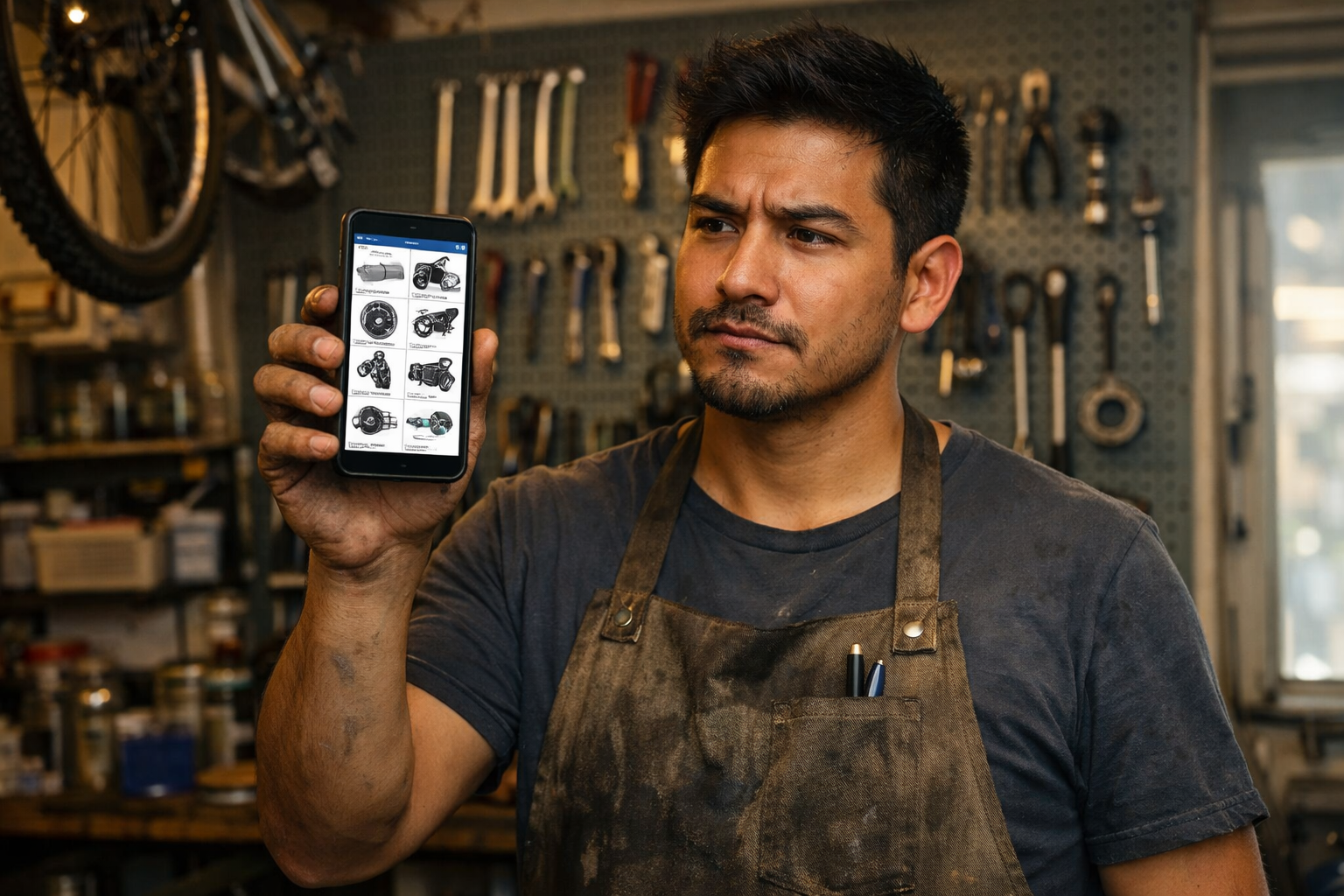 A 29-year-old Latino bike mechanic stands in his shop holding a phone showing a parts catalog, bikes hanging in the backgroun
