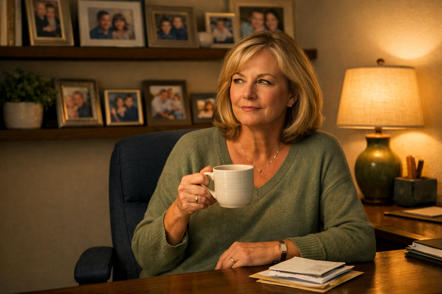 A white woman in her late 50s in a home office holds a coffee cup, stack of mail on the desk, family photos on the shelf behi