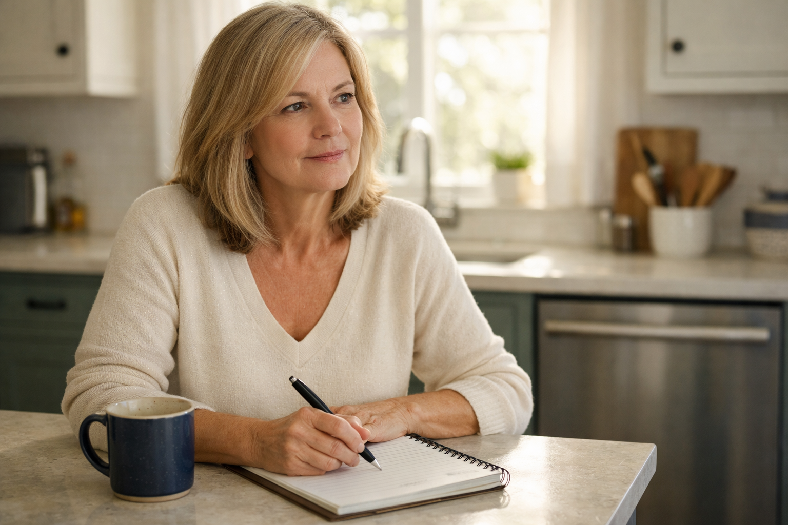 A white woman in her mid-50s at a bright kitchen counter, notepad and coffee mug before her, pen in hand, calm expression.