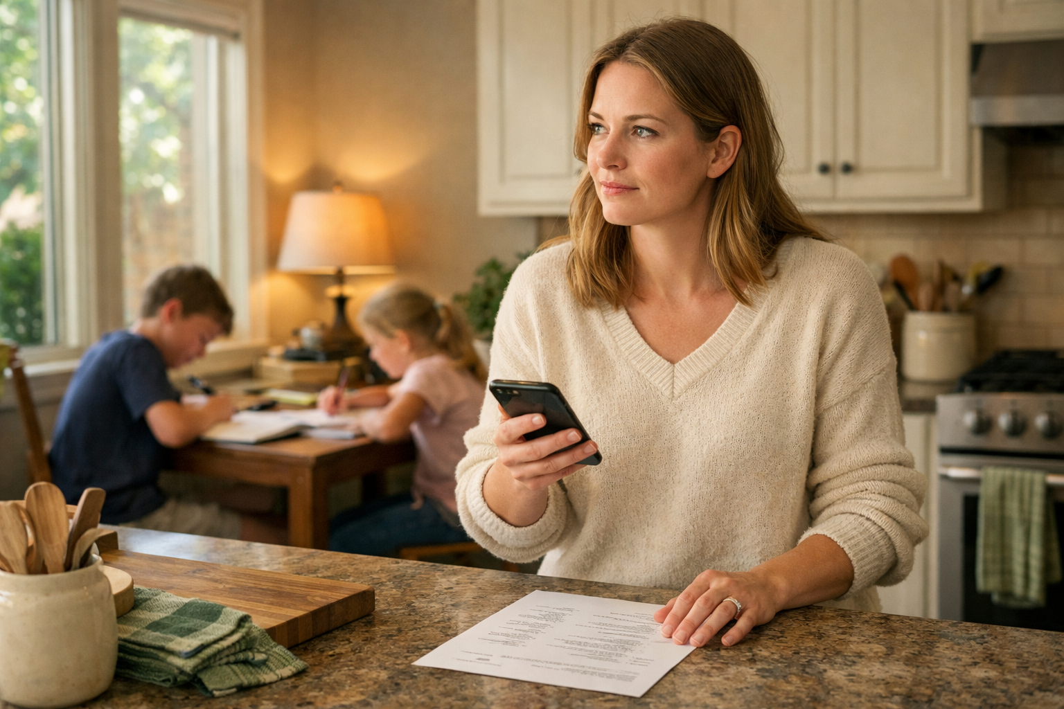 A white woman in her late 30s at a kitchen island holds a phone, recipe printout on counter, kids doing homework behind her.