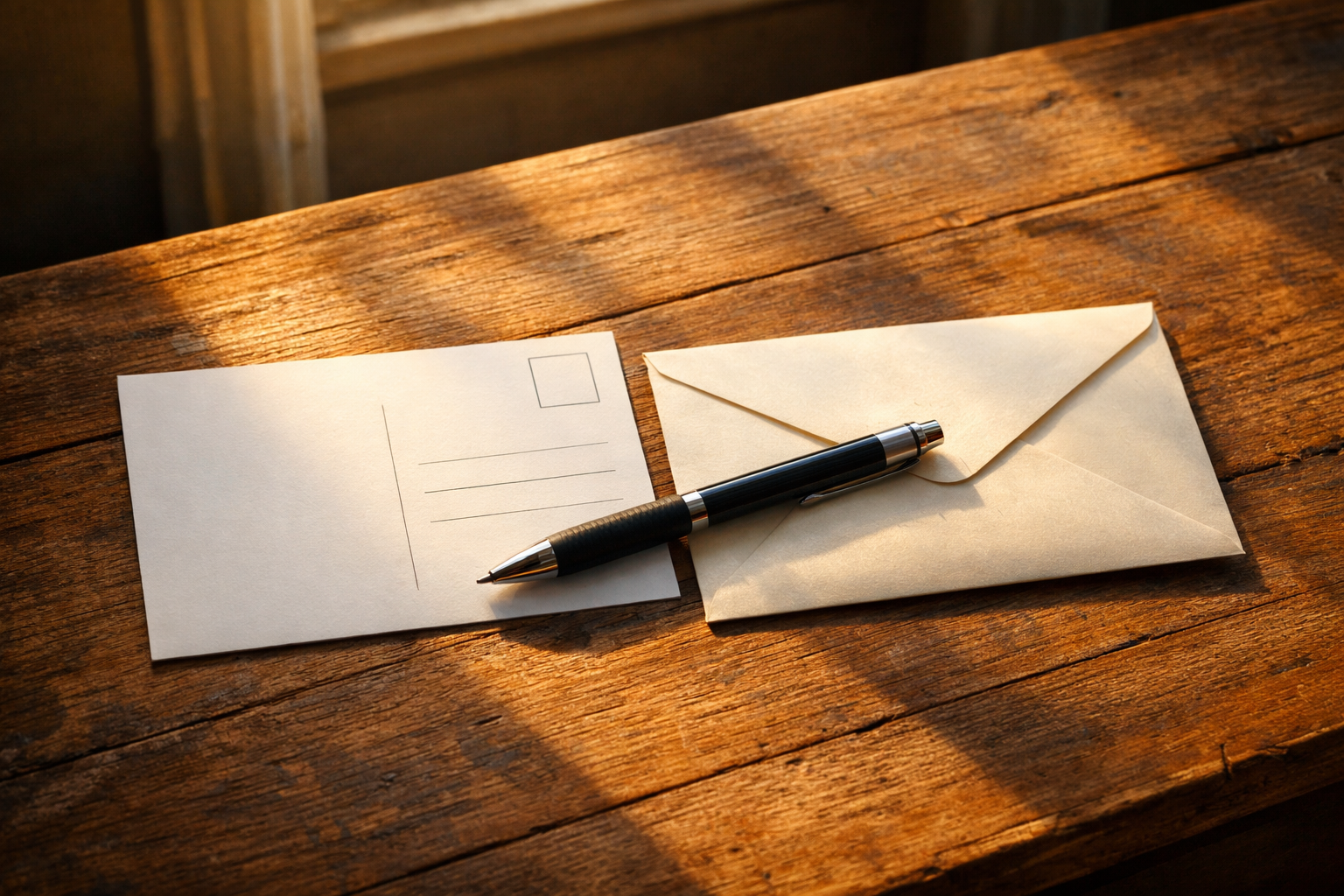 A postcard and a sealed envelope rest side by side on a sunlit wooden desk with a pen across them, no person in frame.