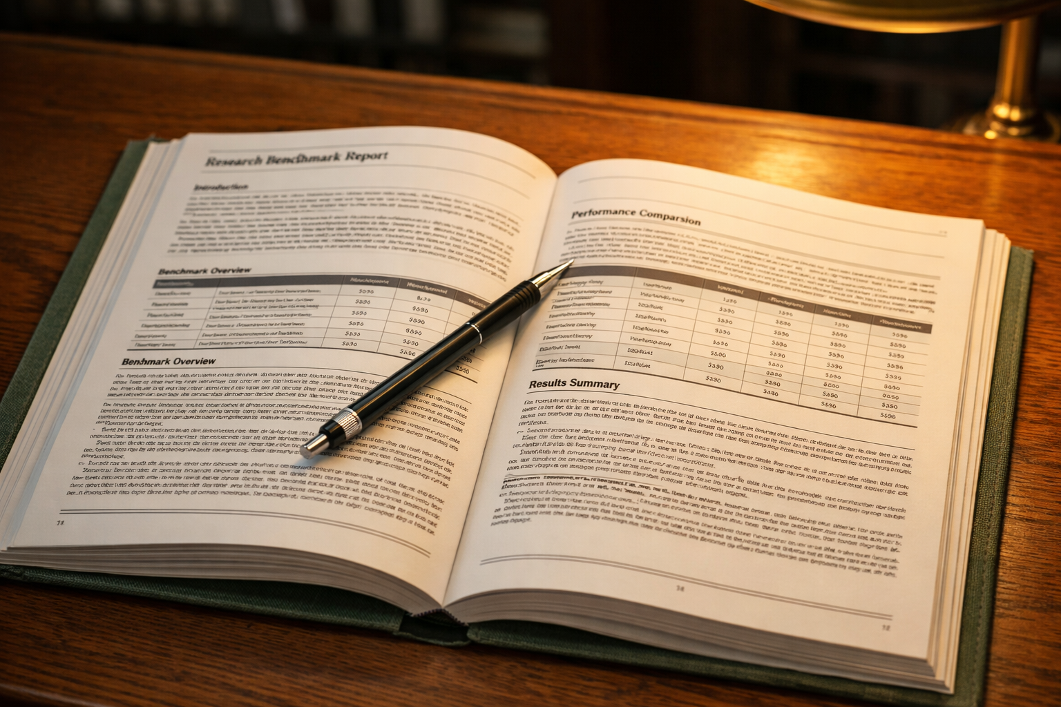 Open printed benchmark report on a library table, mechanical pencil resting across the pages, warm lamp light.