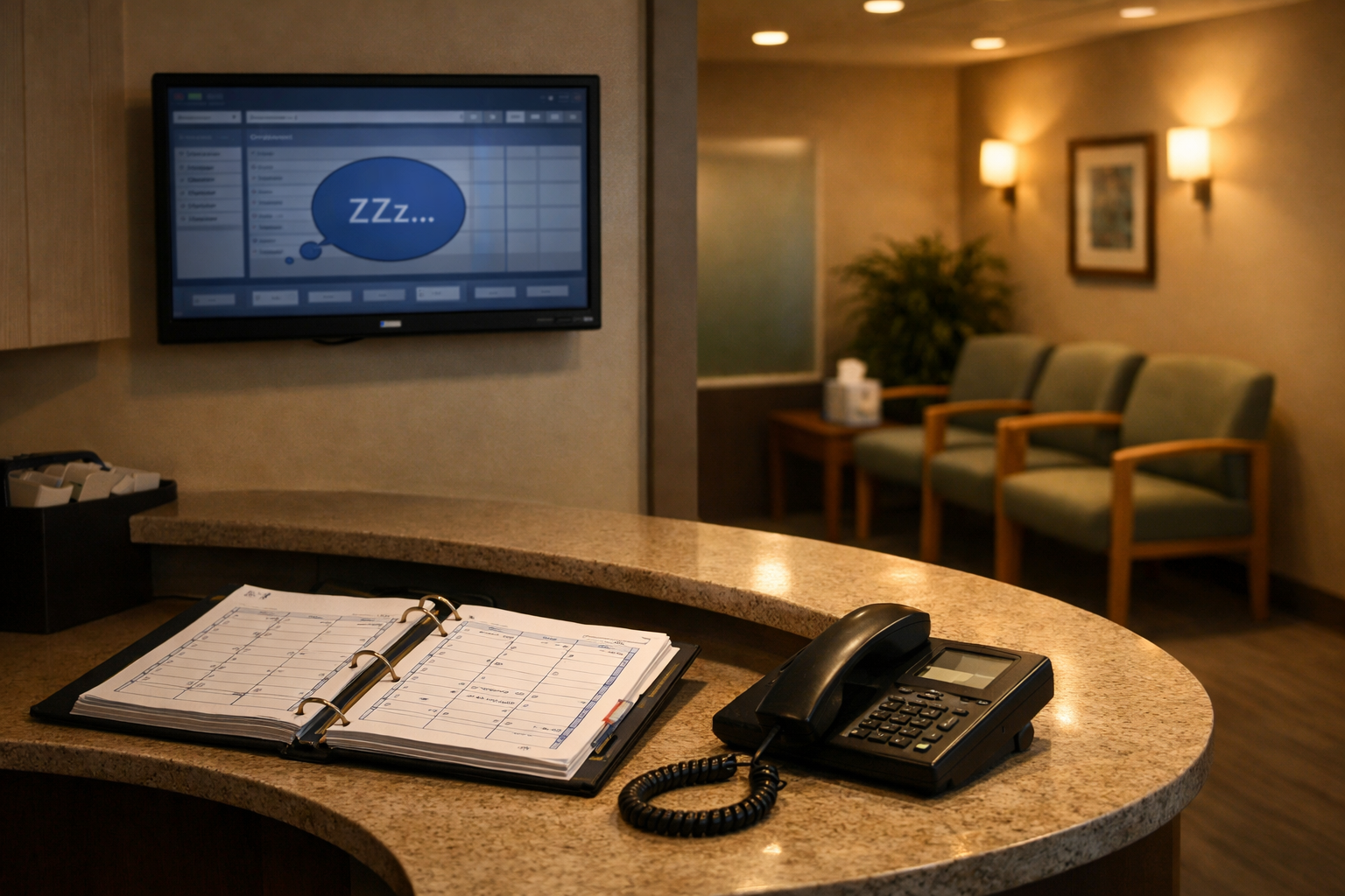 Dental practice reception desk with open appointments binder and phone handset off the hook, patient-management screen dimmed