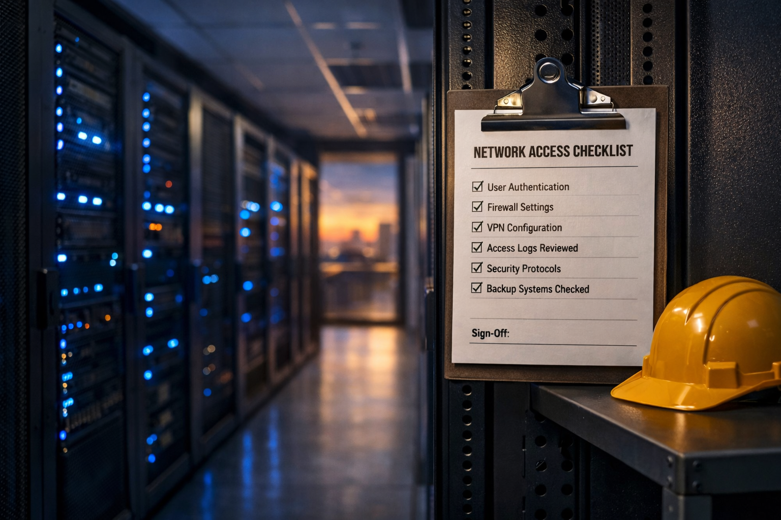 IT server corridor with a printed checklist on a clipboard, blue LED rack lights, and a hard hat on a shelf.