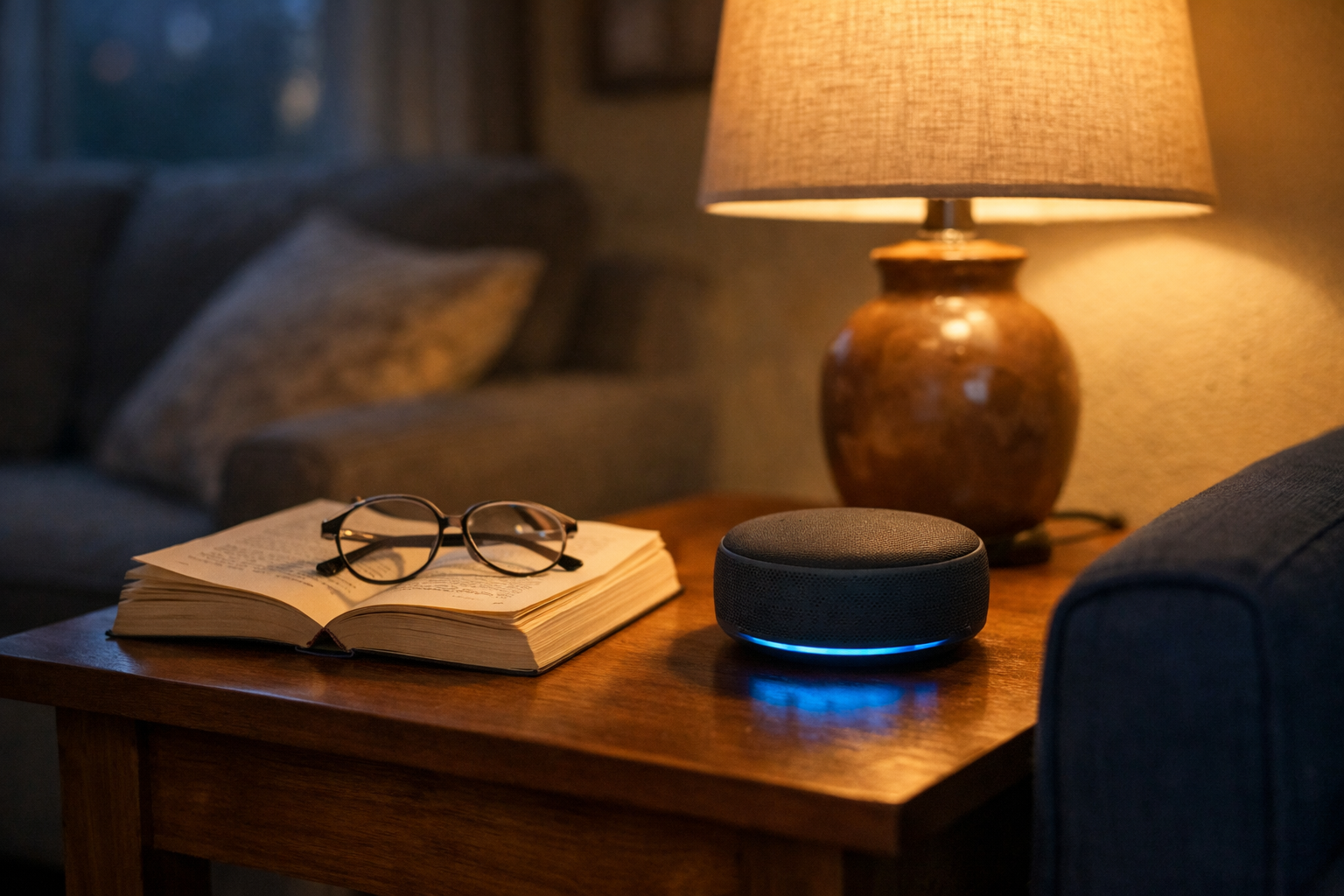 Smart speaker on a side table beside a paperback and reading glasses, warm lamp light, quiet living room evening.