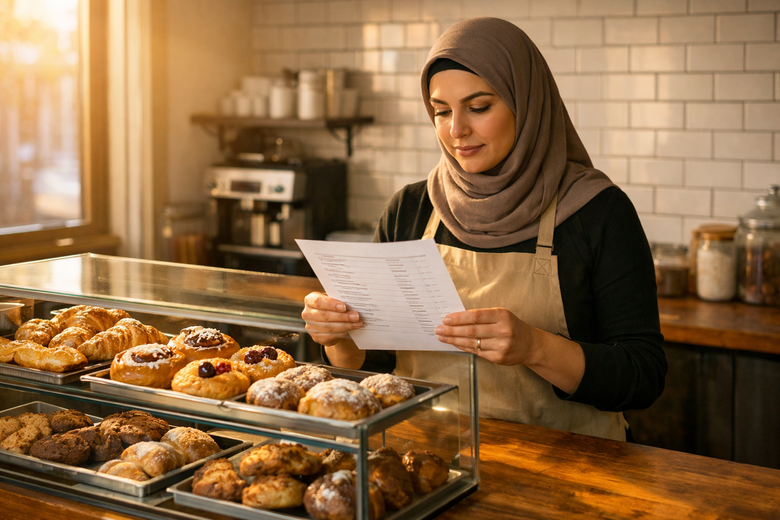 A 43-year-old Middle Eastern woman reviews an inventory sheet behind a bakery counter lined with pastries.