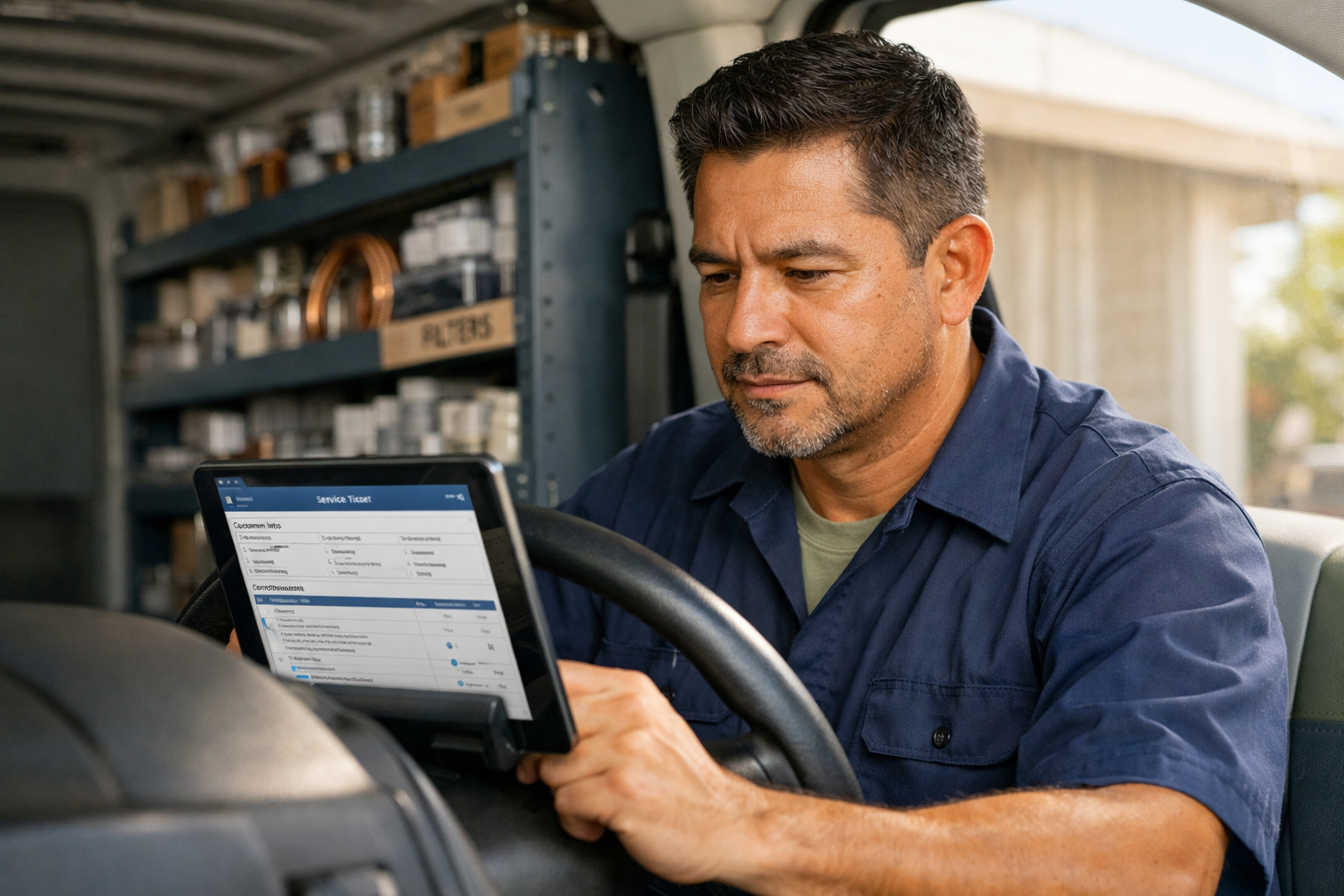 A 46-year-old Latino man reads a service tablet inside an organized HVAC van with parts shelves behind him.