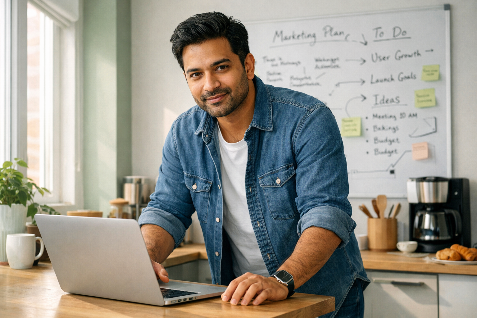 A 34-year-old South Asian man reviews a laptop in a compact office kitchenette with a whiteboard behind him.
